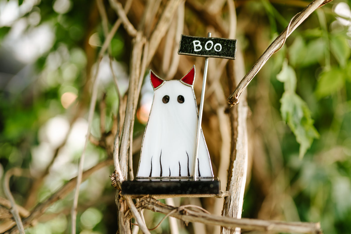 Handmade Stained Glass Cat Ghost Suncatcher | Halloween Table Decor on Stone Stand | Made in Ukraine