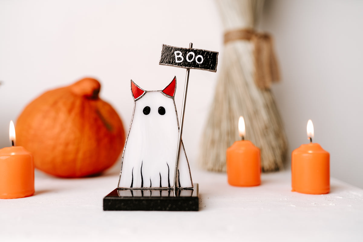 Handmade Stained Glass Cat Ghost Suncatcher | Halloween Table Decor on Stone Stand | Made in Ukraine