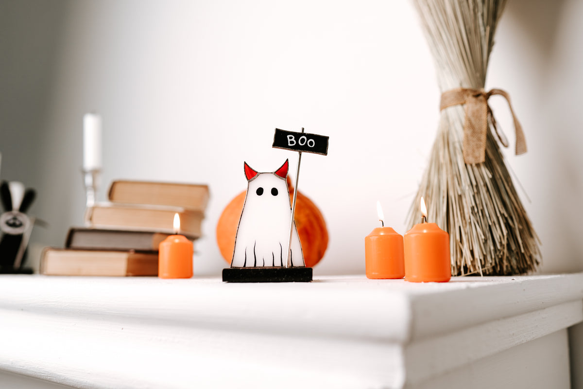 Handmade Stained Glass Cat Ghost Suncatcher | Halloween Table Decor on Stone Stand | Made in Ukraine