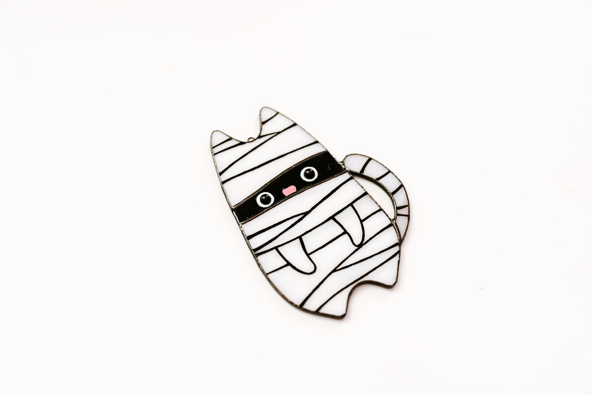 Handmade Stained Glass Mummy Cat Suncatcher | Halloween Window Decor | Made in Ukraine