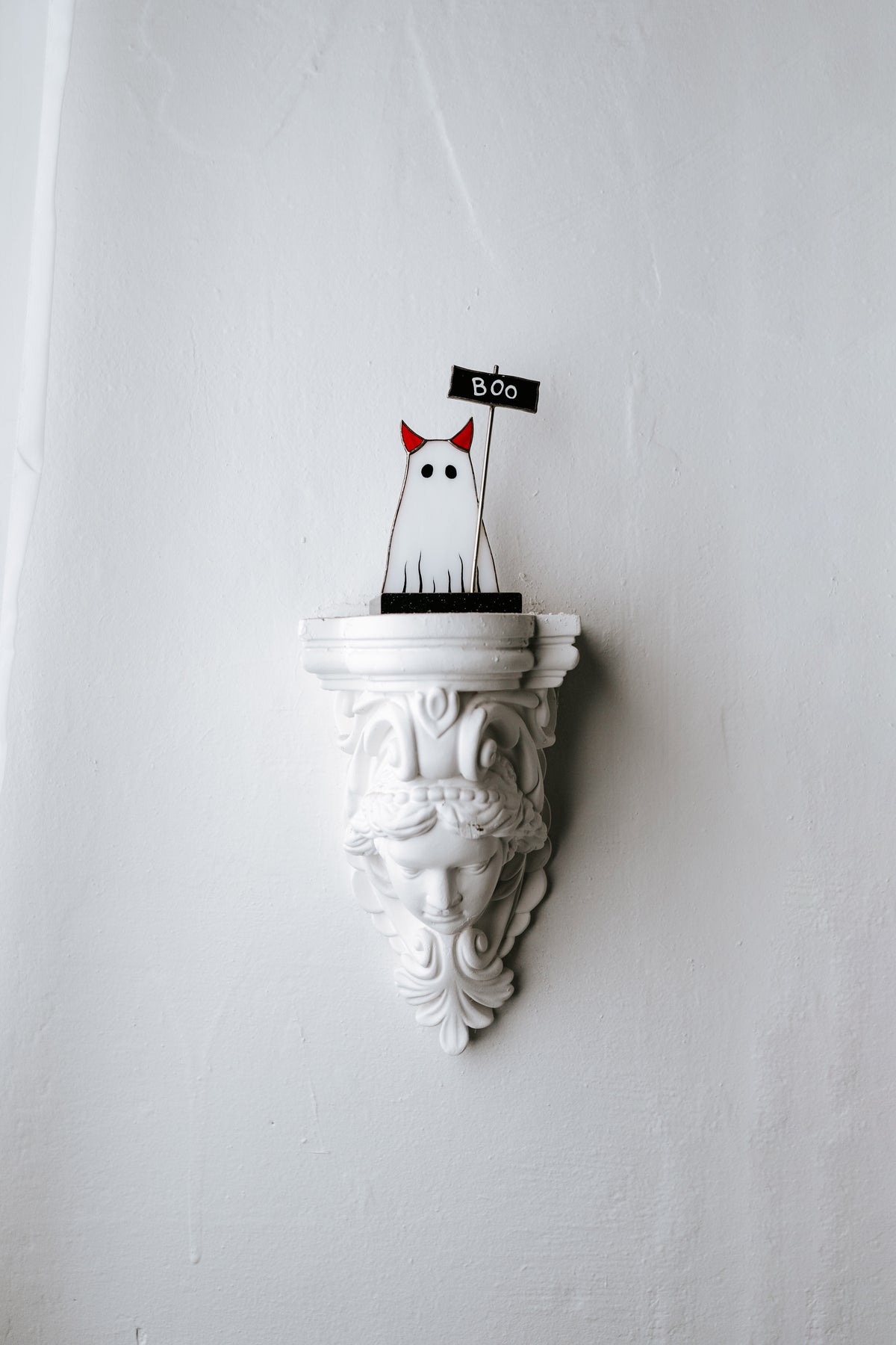 Handmade Stained Glass Cat Ghost Suncatcher | Halloween Table Decor on Stone Stand | Made in Ukraine