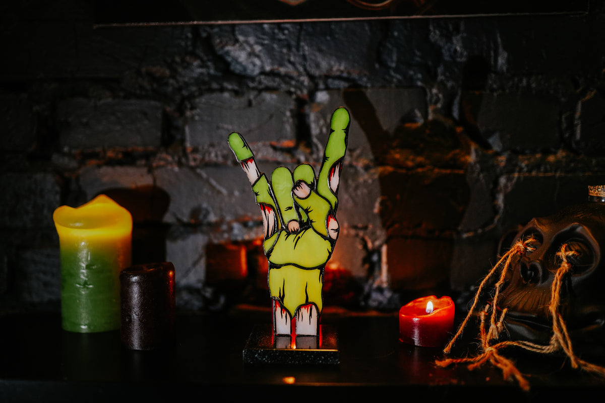 Handmade Stained Glass Rock On Zombie Hand Decor | Halloween Figurine | Made in Ukraine