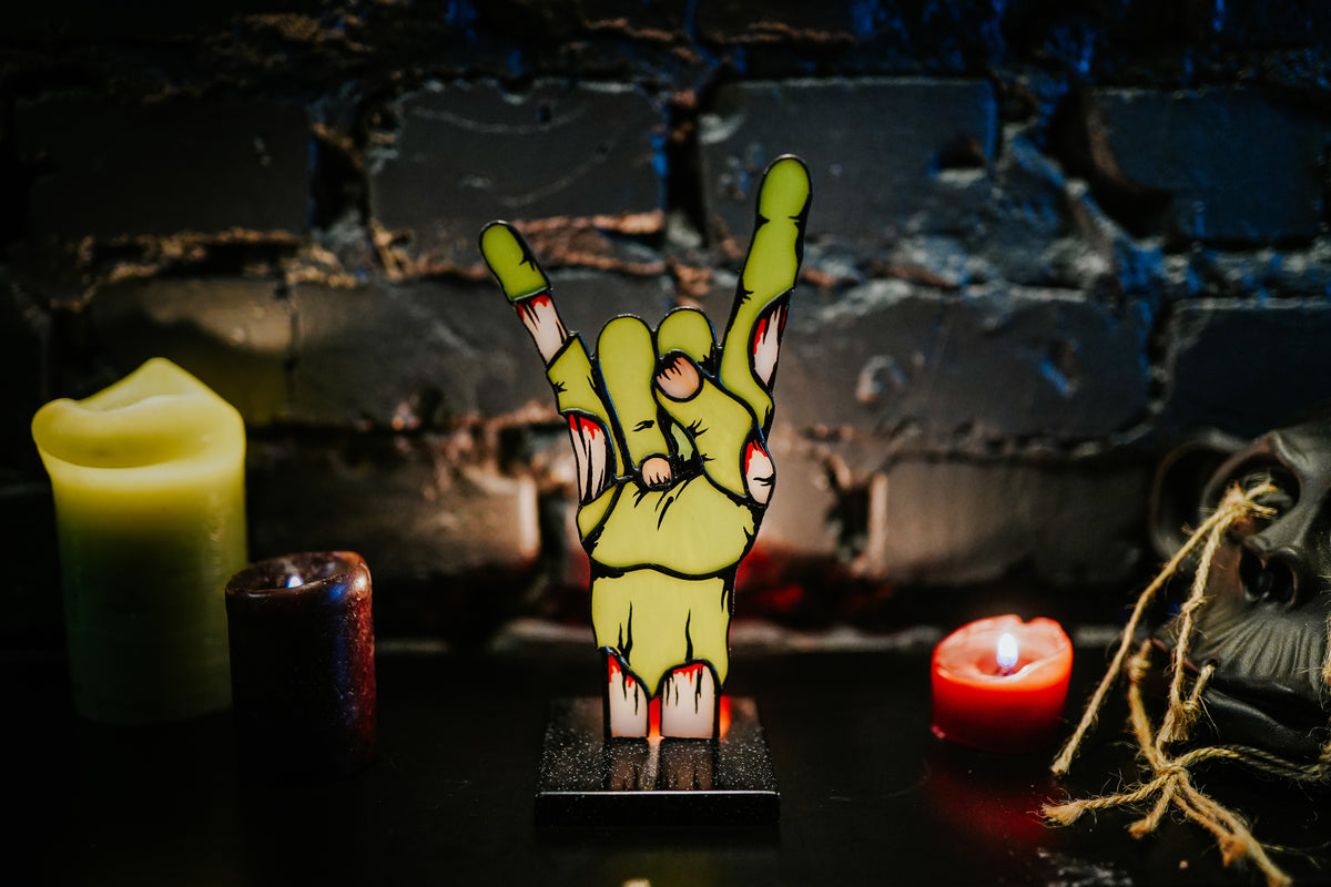 Handmade Stained Glass Rock On Zombie Hand Decor | Halloween Figurine | Made in Ukraine