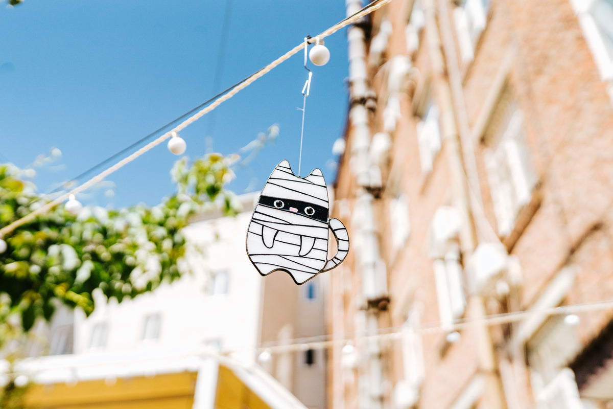Handmade Stained Glass Mummy Cat Suncatcher | Halloween Window Decor | Made in Ukraine