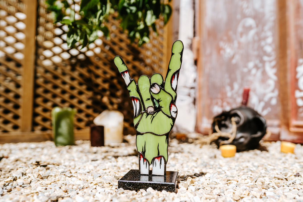 Handmade Stained Glass Rock On Zombie Hand Decor | Halloween Figurine | Made in Ukraine