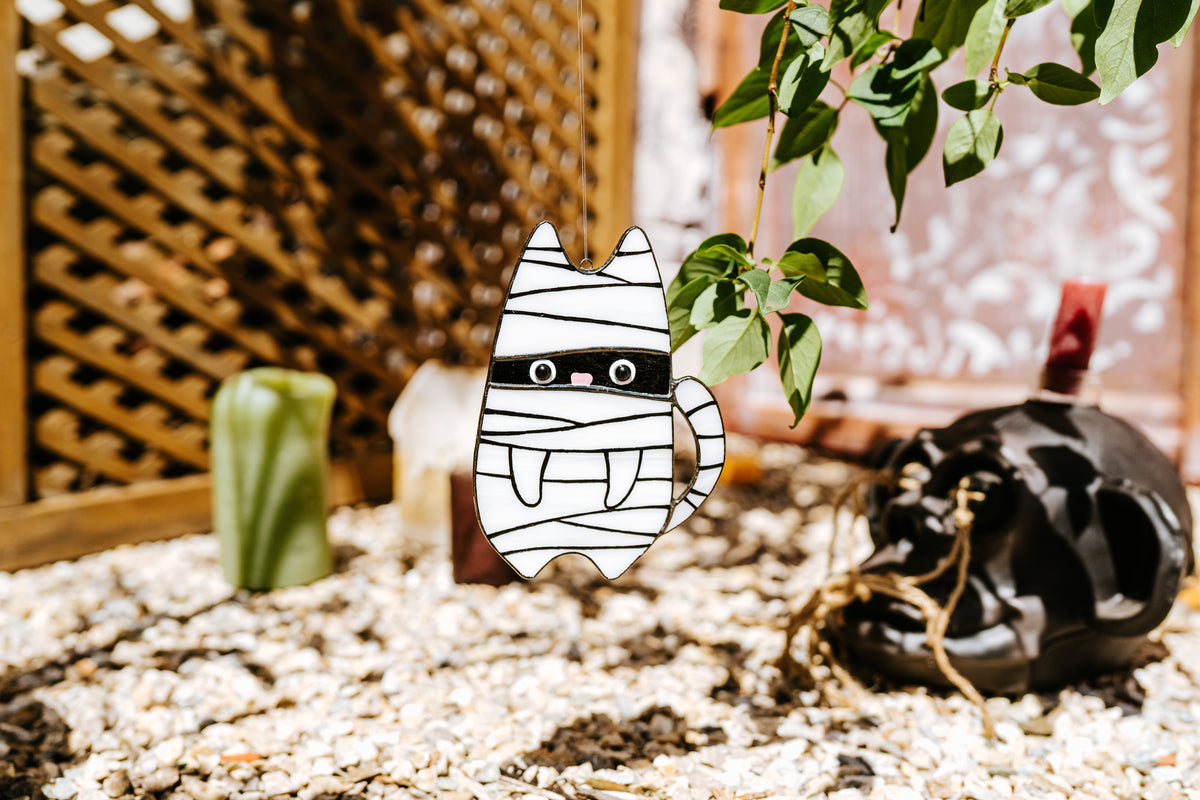 Handmade Stained Glass Mummy Cat Suncatcher | Halloween Window Decor | Made in Ukraine