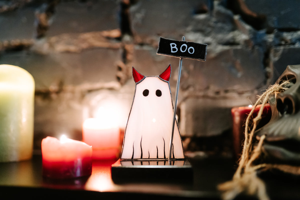 Handmade Stained Glass Cat Ghost Suncatcher | Halloween Table Decor on Stone Stand | Made in Ukraine