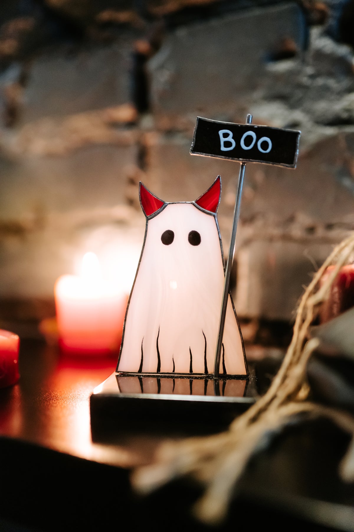 Handmade Stained Glass Cat Ghost Suncatcher | Halloween Table Decor on Stone Stand | Made in Ukraine