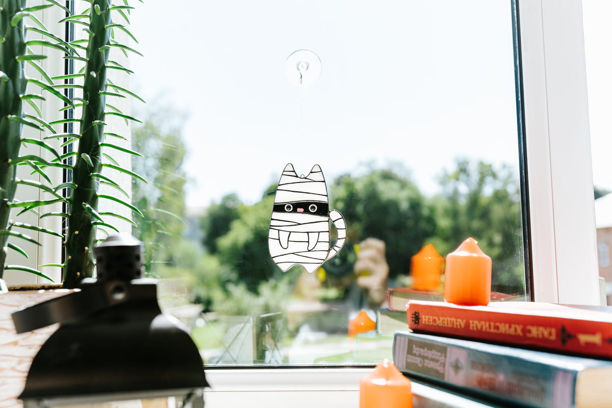 Handmade Stained Glass Mummy Cat Suncatcher | Halloween Window Decor | Made in Ukraine