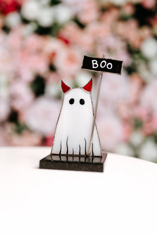 Handmade Stained Glass Cat Ghost Suncatcher | Halloween Table Decor on Stone Stand | Made in Ukraine