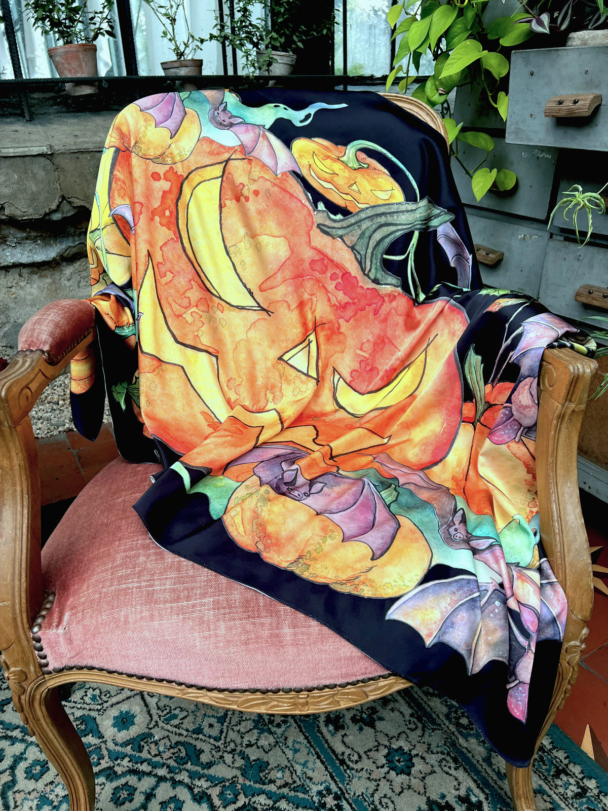 Halloween Bat Silk Scarf | Pumpkin Print Gothic Shawl | Spooky Rave Party Outfit Accessory