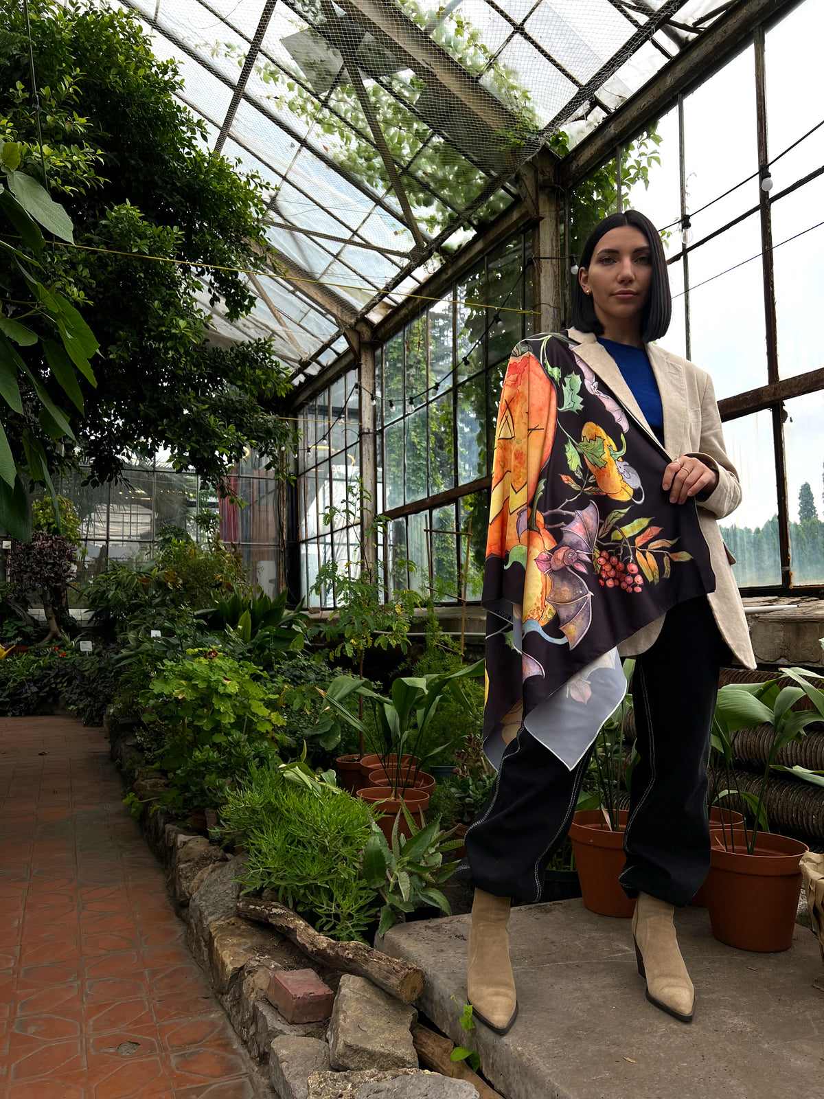 Halloween Bat Silk Scarf | Pumpkin Print Gothic Shawl | Spooky Rave Party Outfit Accessory