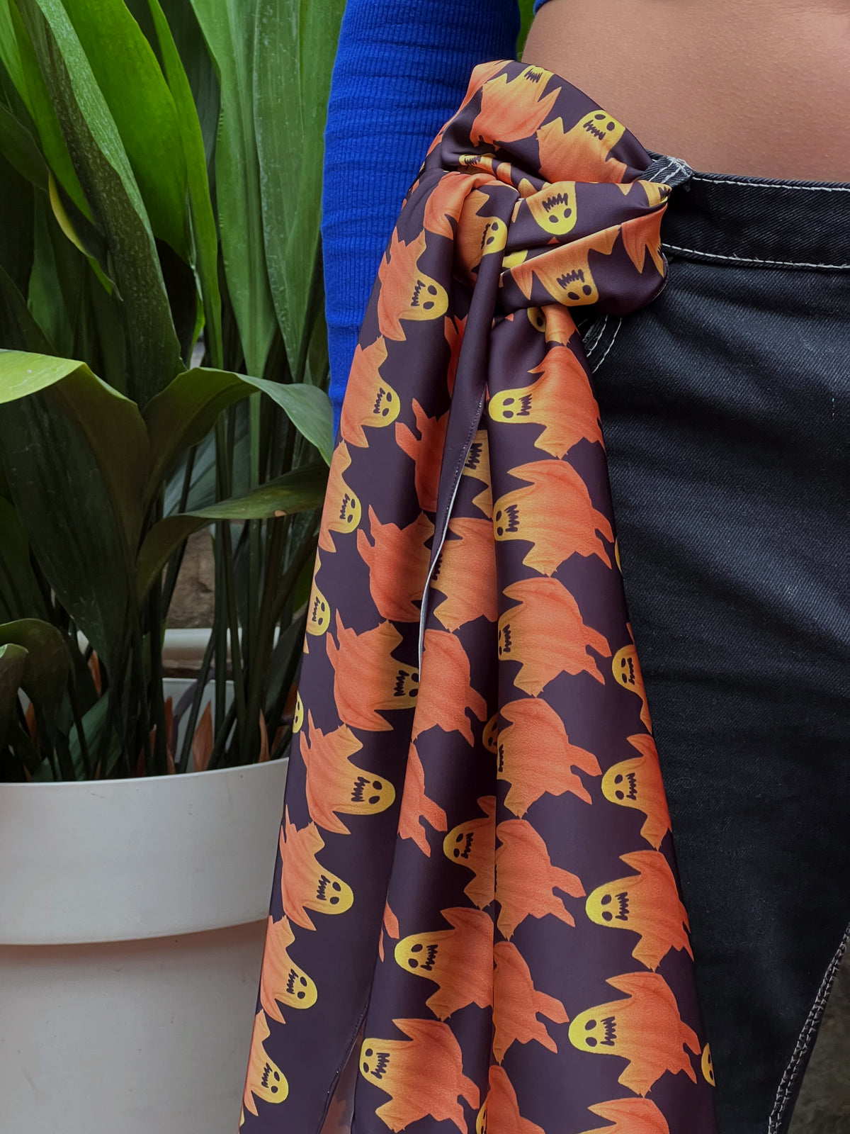 Halloween Ghost Silk Scarf | Orange Spooky Print Shawl | Cute Ghost Rave Festival Outfit Accessory