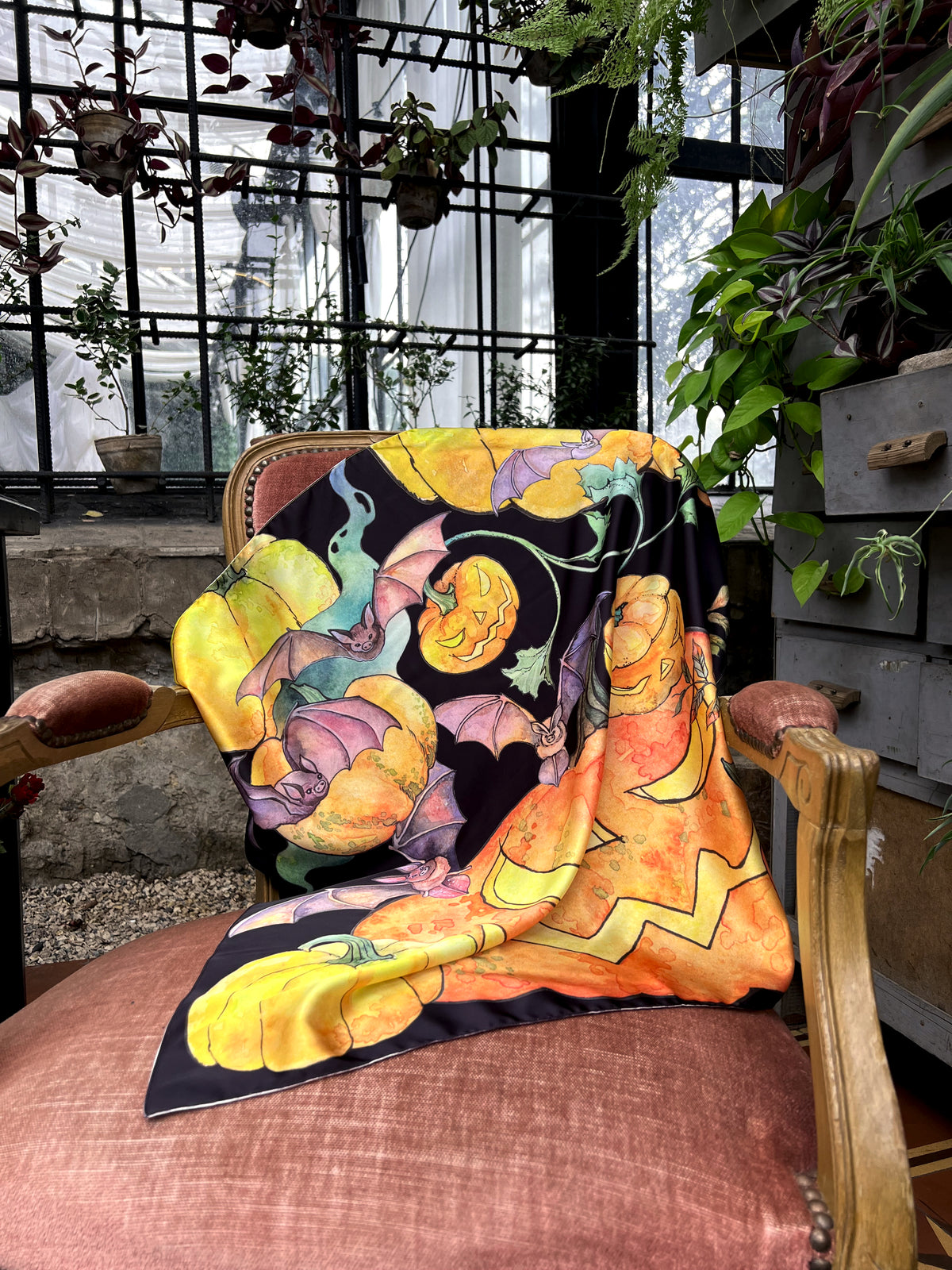 Halloween Bat Silk Scarf | Pumpkin Print Gothic Shawl | Spooky Rave Party Outfit Accessory